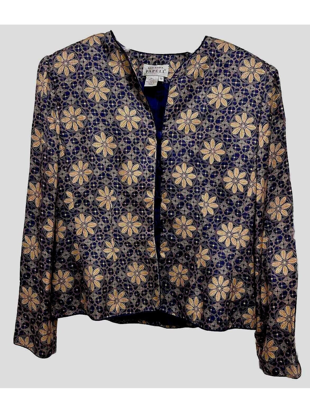 Vintage Adrianne Papell Jacket 10 Blue W Flowers 100% Silk Cottagecore Garden